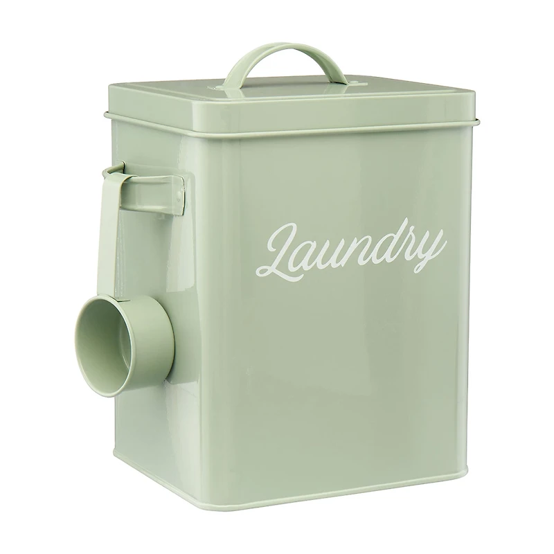 Clean Mama Sage Green Tin Laundry Powder Detergent Storage Bin with Scoop