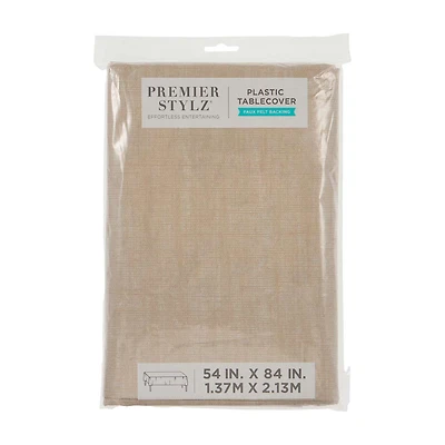 Premier Stylz Tan Fabric Pattern Rectangular Flannel Backed Vinyl Table Cover, 54 in x 84 in