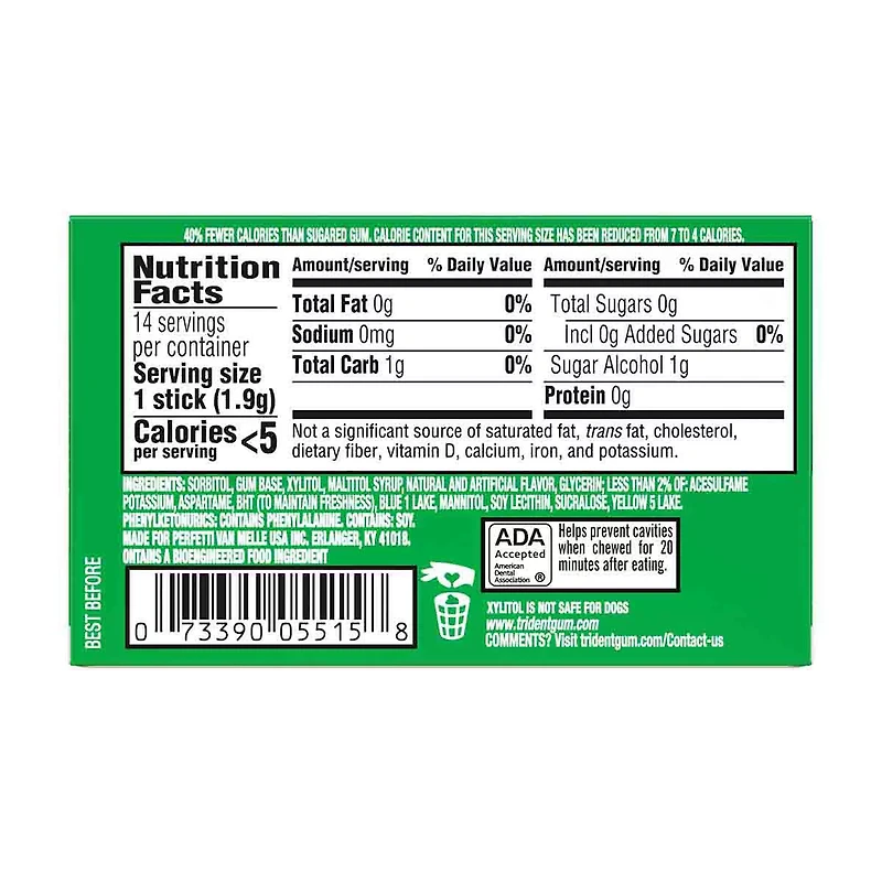 Trident Sugar Free Chewing Gum Sticks with Xylitol, Spearmint 14 Piece Single Pack
