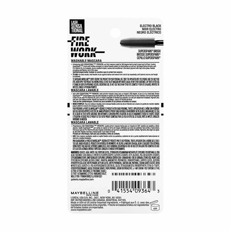 Maybelline Lash Sensational Firework Washable Mascara Makeup, Electro Black