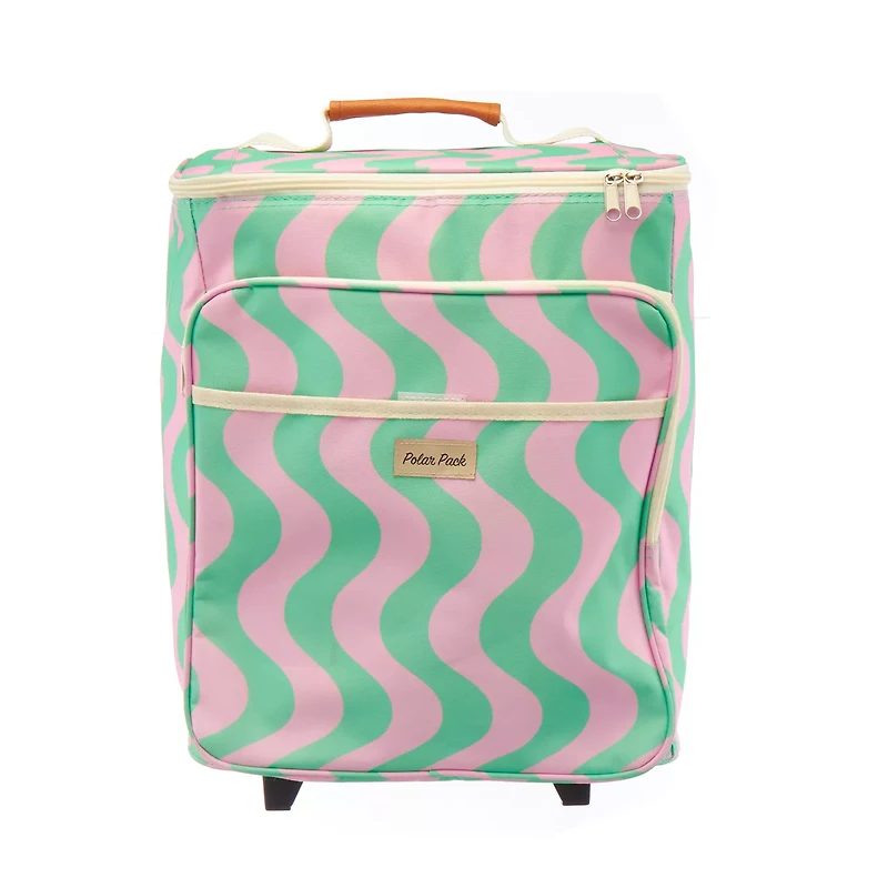 Polar Pack Pink & Green Wavy Striped 40-Can Rolling Insulated Cooler Bag with Retractable Handle