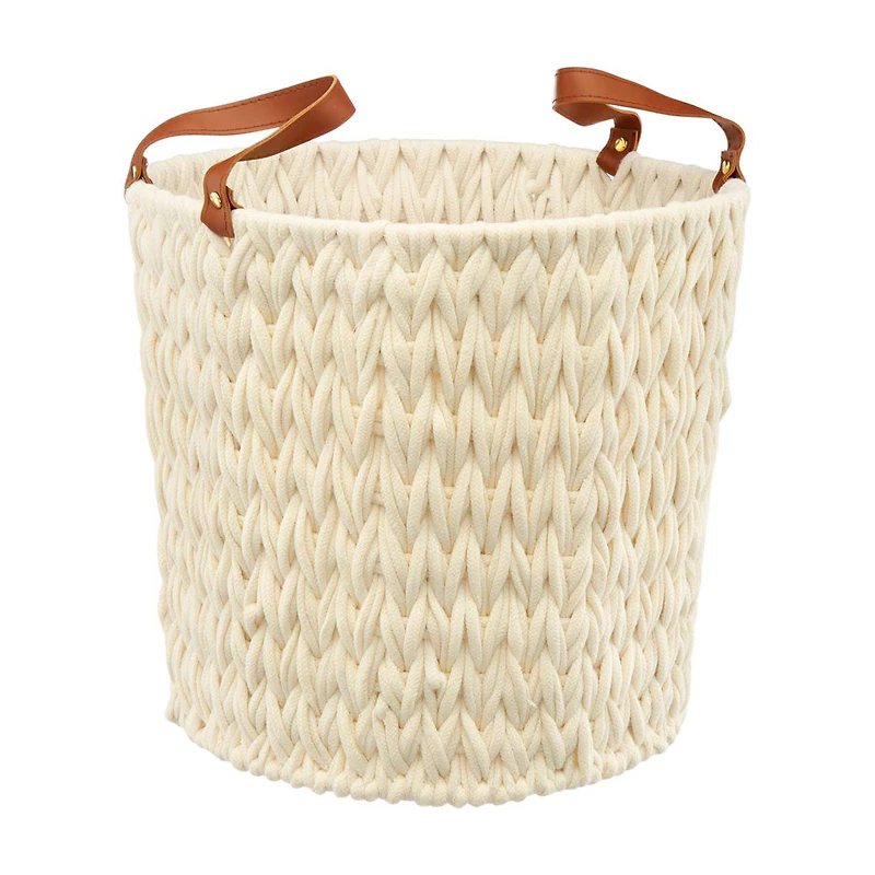 Round Woven Natural Fabric Rope Basket with Handles, Cream, Large