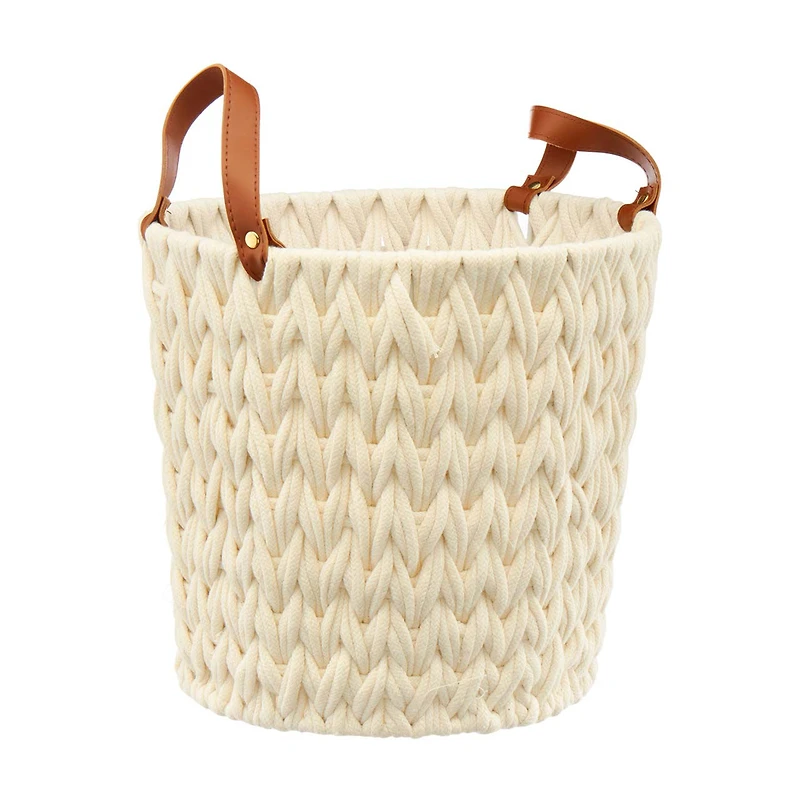 Round Woven Natural Fabric Rope Basket with Handles, Cream, Medium