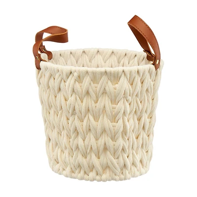 Round Woven Natural Fabric Rope Basket with Handles, Cream, Small