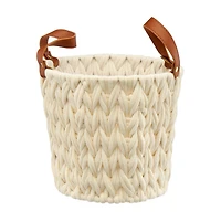 Round Woven Natural Fabric Rope Basket with Handles, Cream, Small