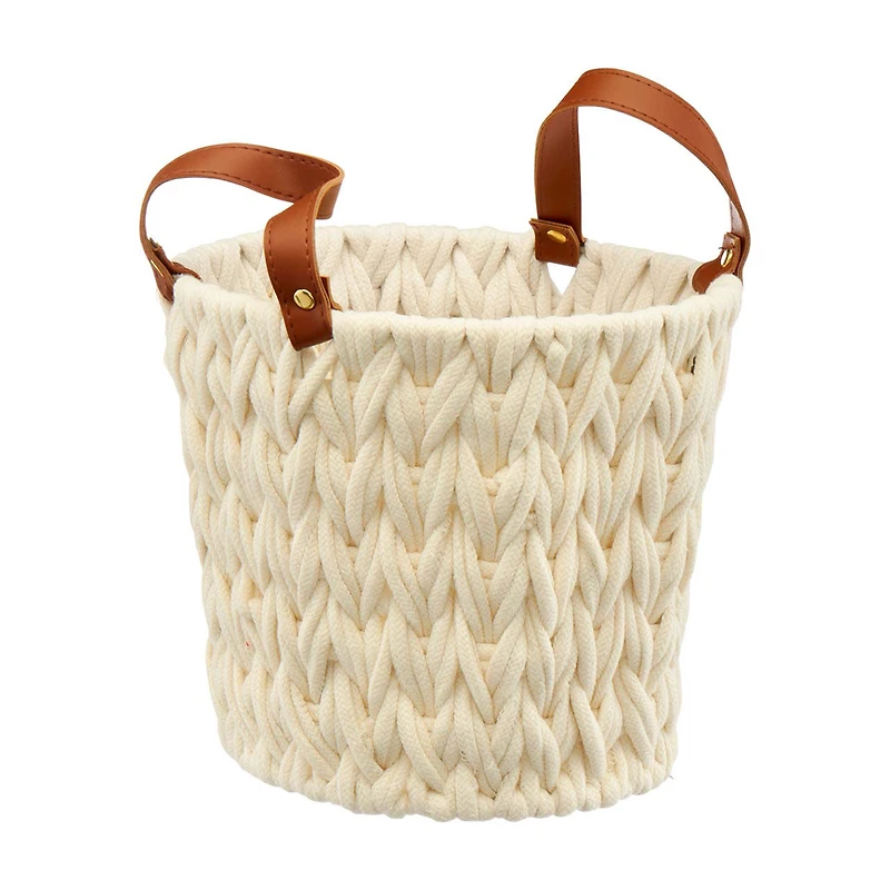 Round Woven Natural Fabric Rope Basket with Handles, Cream, Small