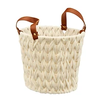 Round Woven Natural Fabric Rope Basket with Handles, Cream, Small