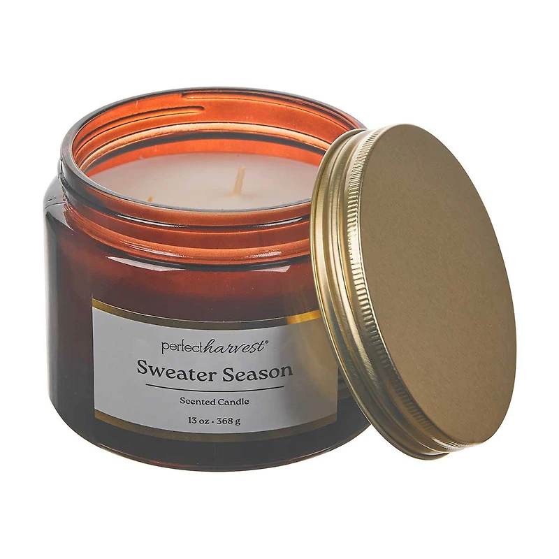 Perfect Harvest Amber Glass Jar Candle, Sweater Season Scent, 13 oz