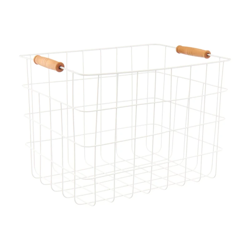 Rectangular Wire Basket with Wooden Handles, White, Medium