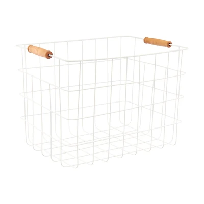 Rectangular Wire Basket with Wooden Handles, White, Medium