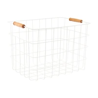 Rectangular Wire Basket with Wooden Handles, White, Medium