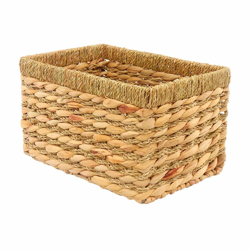 Rectangular Water Hyacinth Woven Basket with Top Detail, Natural, Medium