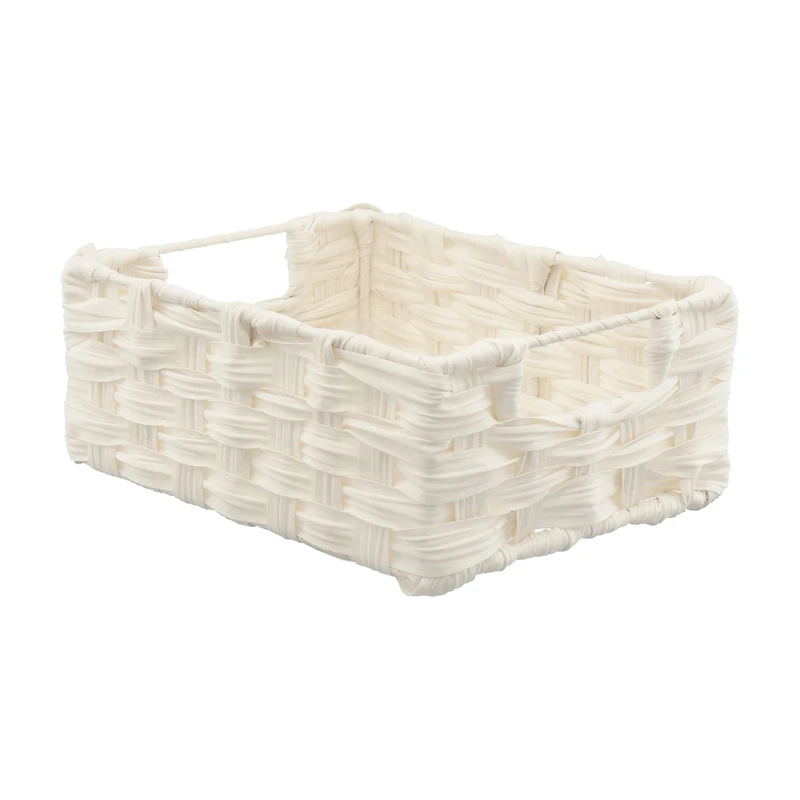 Rectangular Woven Wicker Basket with Handles, White, Small
