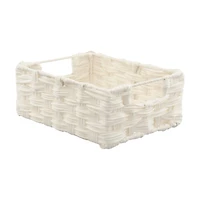 Rectangular Woven Wicker Basket with Handles, White, Small