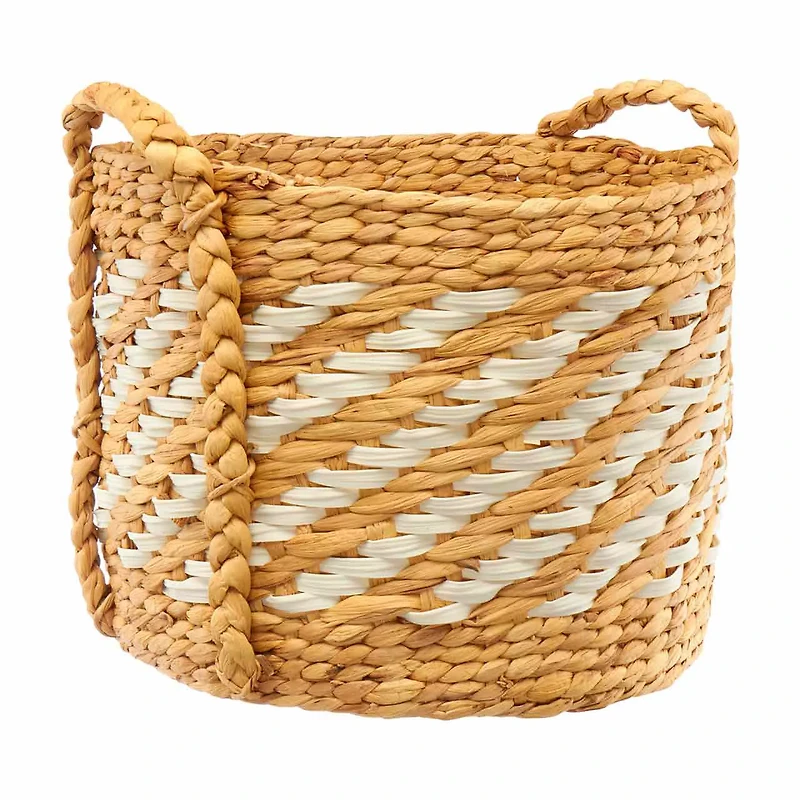 Round Lattice Wrapped Wicker Basket with Handles, White and Tan, Large