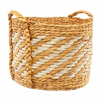 Round Lattice Wrapped Wicker Basket with Handles, White and Tan, Large