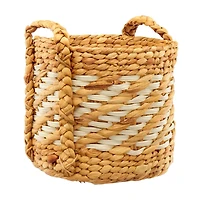 Round Lattice Wrapped Wicker Basket with Handles, White and Tan, Small