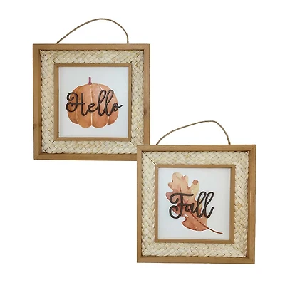 Harvest Natural Grass Hyacinth Framed Sign, 'Hello' or 'Fall', 10 in