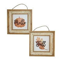 Harvest Natural Grass Hyacinth Framed Sign, 'Hello' or 'Fall', 10 in