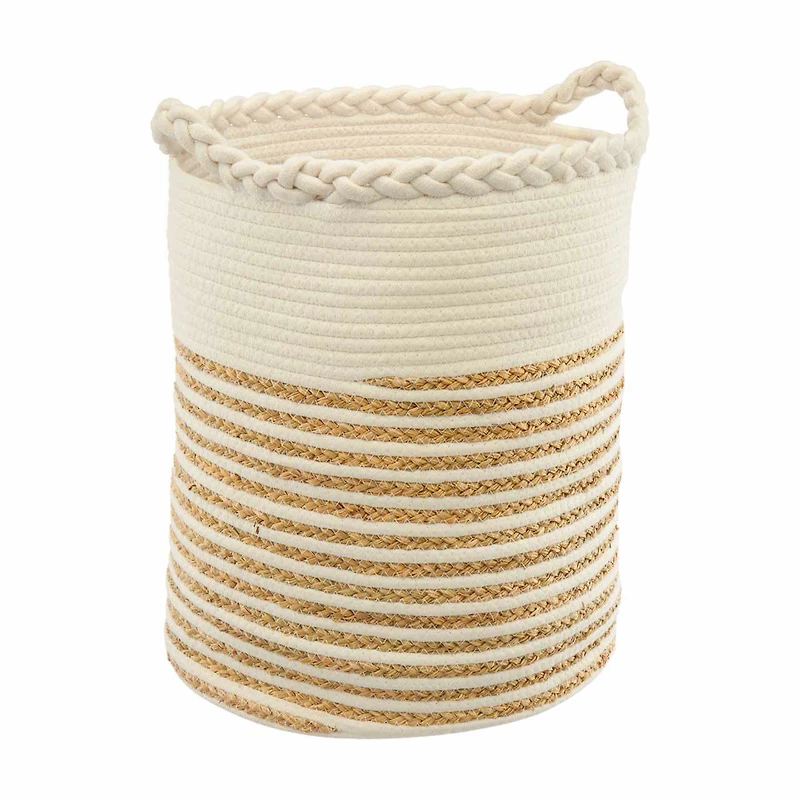 Round Cotton and Jute Braided and Wrapped Basket with Handles, Natural and White
