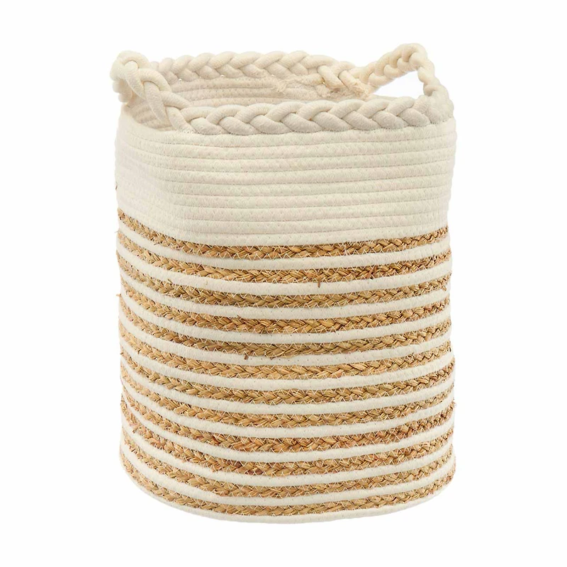 Round Cotton and Jute Braided and Wrapped Basket with Handles, Natural and White
