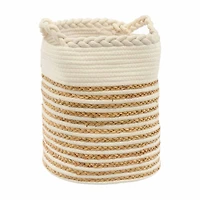 Round Cotton and Jute Braided and Wrapped Basket with Handles, Natural and White