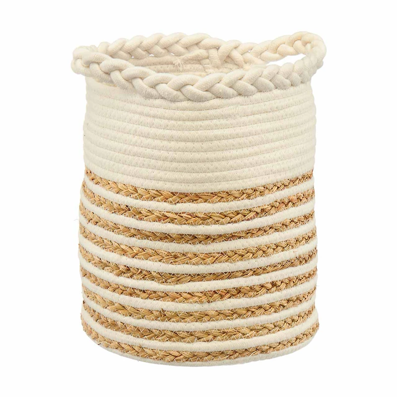 Round Cotton and Jute Braided and Wrapped Basket with Handles, Natural and White