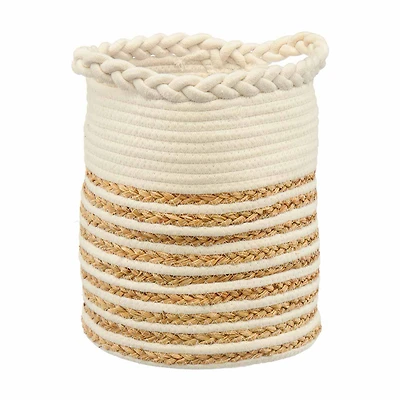 Round Cotton and Jute Braided and Wrapped Basket with Handles, Natural and White