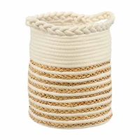 Round Cotton and Jute Braided and Wrapped Basket with Handles, Natural and White