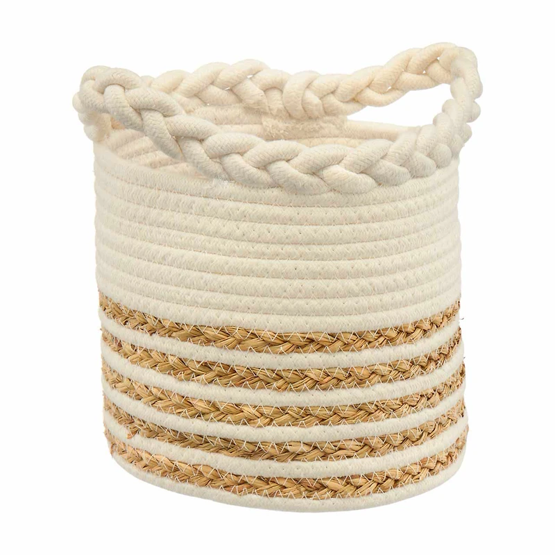 Round Cotton and Jute Braided and Wrapped Basket with Handles, Natural and White