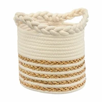 Round Cotton and Jute Braided and Wrapped Basket with Handles, Natural and White