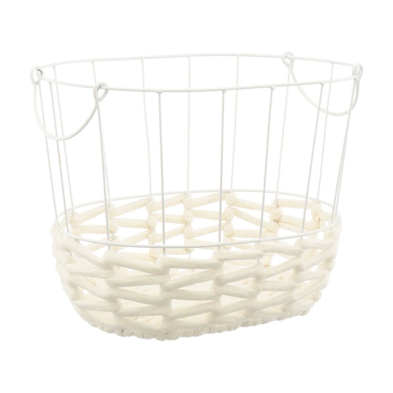 Wire and Rope Oval Basket with Handles, White, Medium