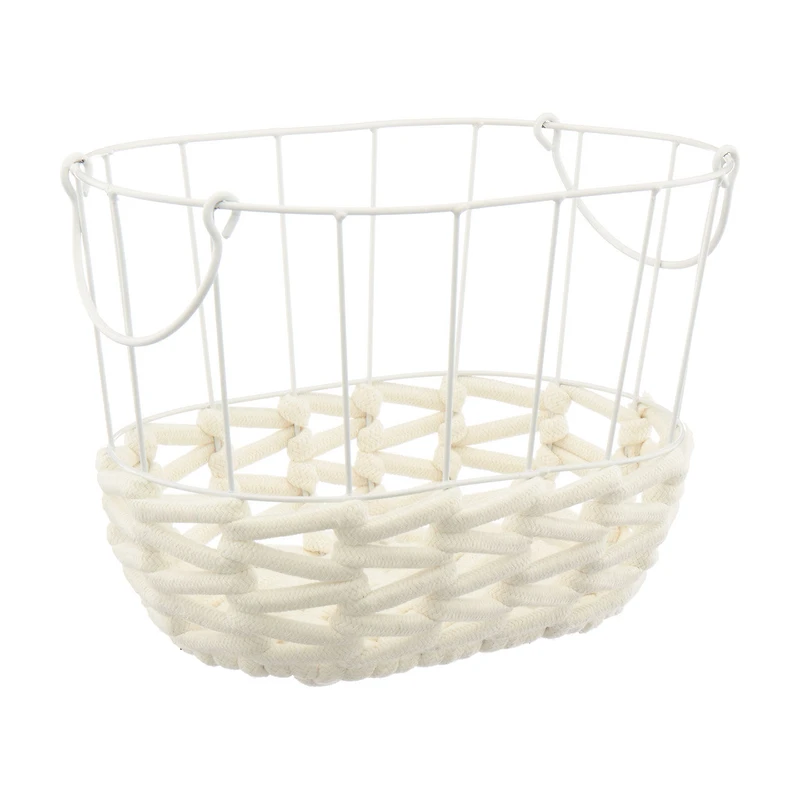 Wire and Rope Oval Basket with Handles, White, Small