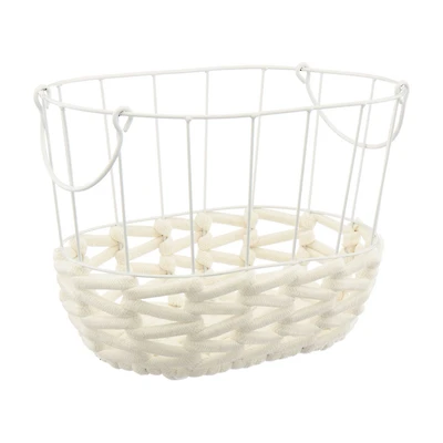 Wire and Rope Oval Basket with Handles, White, Small
