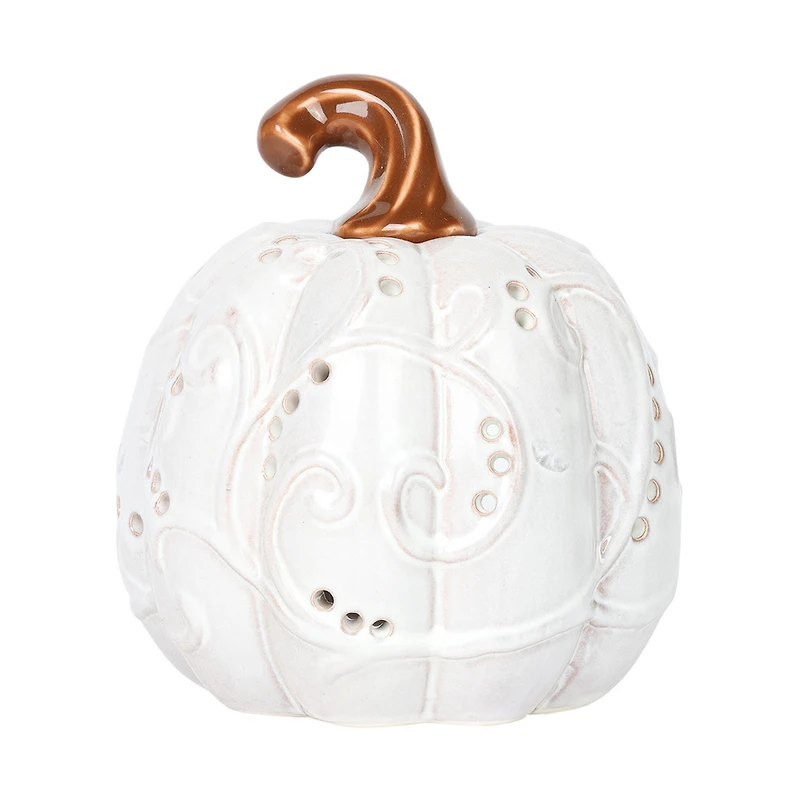 Ceramic Pumpkin Candle Holder, 4 in, White