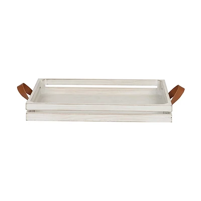 Rustic Wooded Tray with Faux Leather Handles, White, 15 in