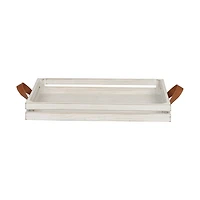 Rustic Wooden Tray with Faux Leather Handles, White