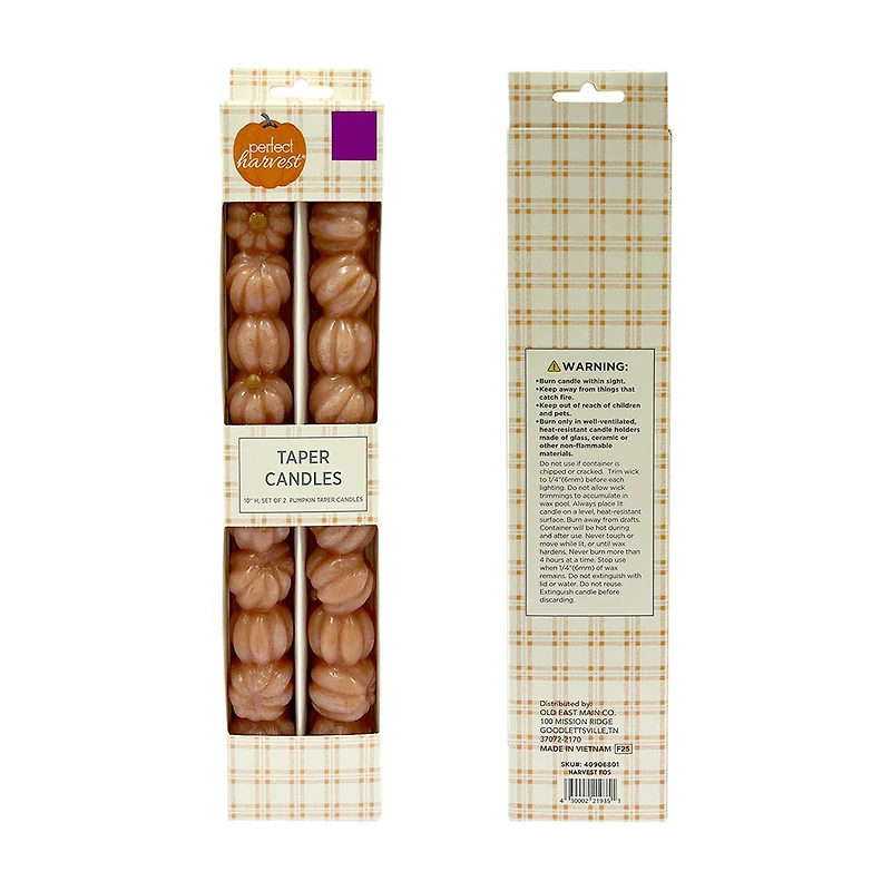 Pumpkin Shaped Unscented Taper Candle, Orange, 2 ct, 10 in