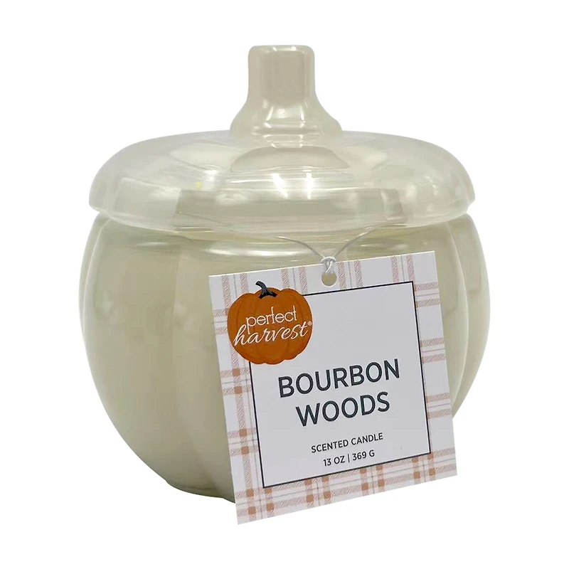 Perfect Harvest Pumpkin Shaped Glass Jar Candle with Cream Wax, White, Bourbon W