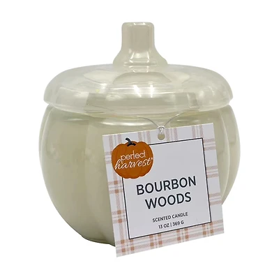 Perfect Harvest Pumpkin Shaped Glass Jar Candle with Cream Wax, White, Bourbon W