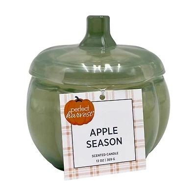 Green Pumpkin Shaped Glass Jar Candle with Cream Wax, Apple Season, 13 oz