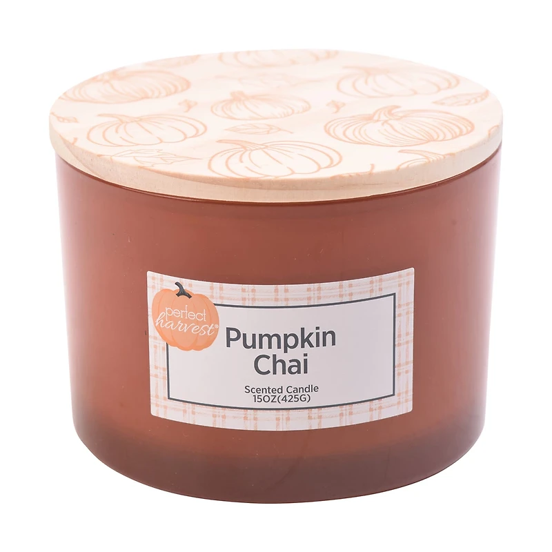 Perfect Harvest Glass Jar Candle with Wooden Lid, Orange, Pumpkin Chai, 15 oz