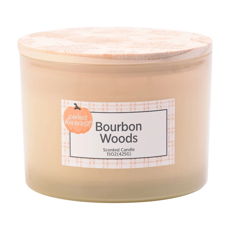 Perfect Harvest Glass Jar Candle with Wooden Lid, Off-white, Bourbon Woods, 15 o