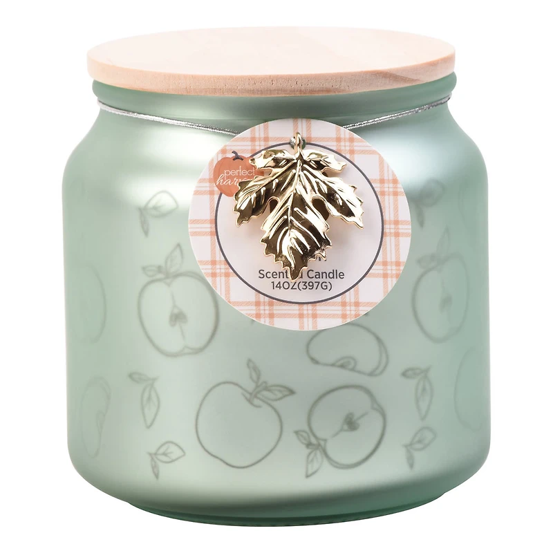 Perfect Harvest Engraved Glass Jar Candle with Wooden Lid, Green, Apple Season,