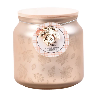 Perfect Harvest Engraved Glass Jar Candle with Wooden Lid, Off-White, Bourbon Woods Scent