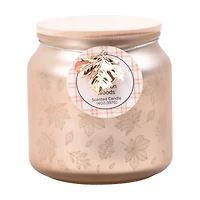 Perfect Harvest Engraved Glass Jar Candle with Wooden Lid, Off-White, Bourbon Woods Scent