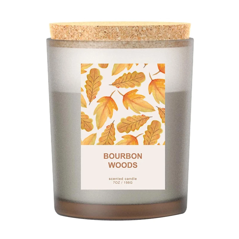 Glass Jar Scented Candle with Cork Lid, Bourbon Woods, 7 oz