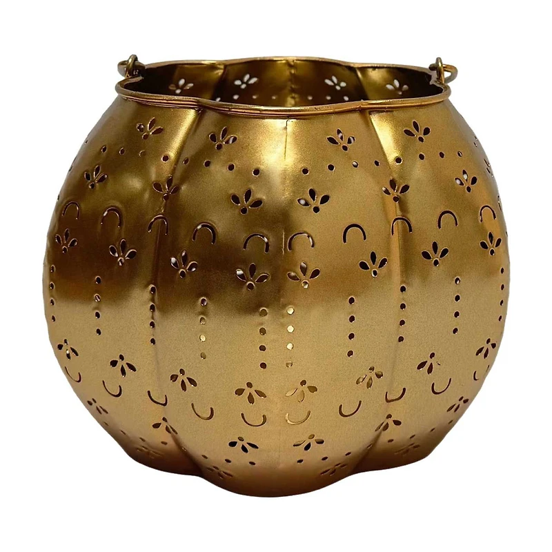 Metal Pumpkin Lantern, Gold, 6 in