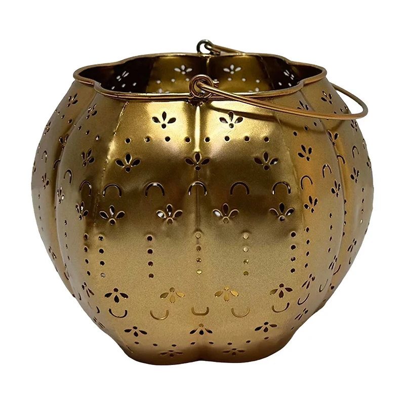 Metal Pumpkin Lantern, Gold, 6 in