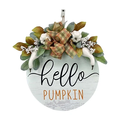 'Hello Pumpkin' Artificial Flowers Wooden Wall Decor, 10 in